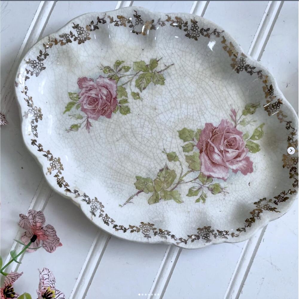 Vintage Homer Laughlin Hudson Oval Dresser Tray Floral Pink Rose Gold Valentine